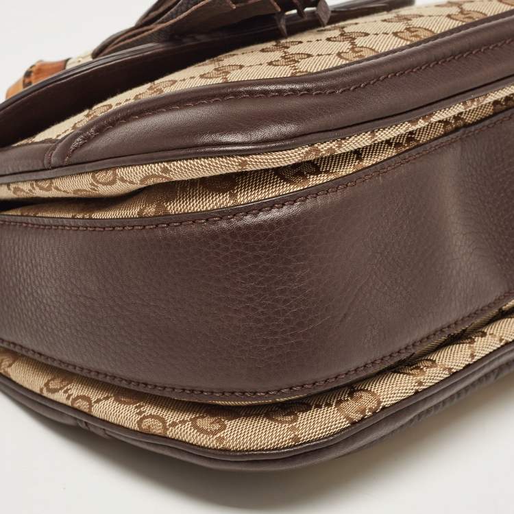 Pre Owned Gucci Beige/Brown GG Canvas and Leather Tassel New Bamboo Top Handle Bag