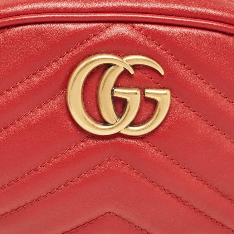 Pre Owned Gucci Red Matelassé Leather GG Marmont Belt Bag