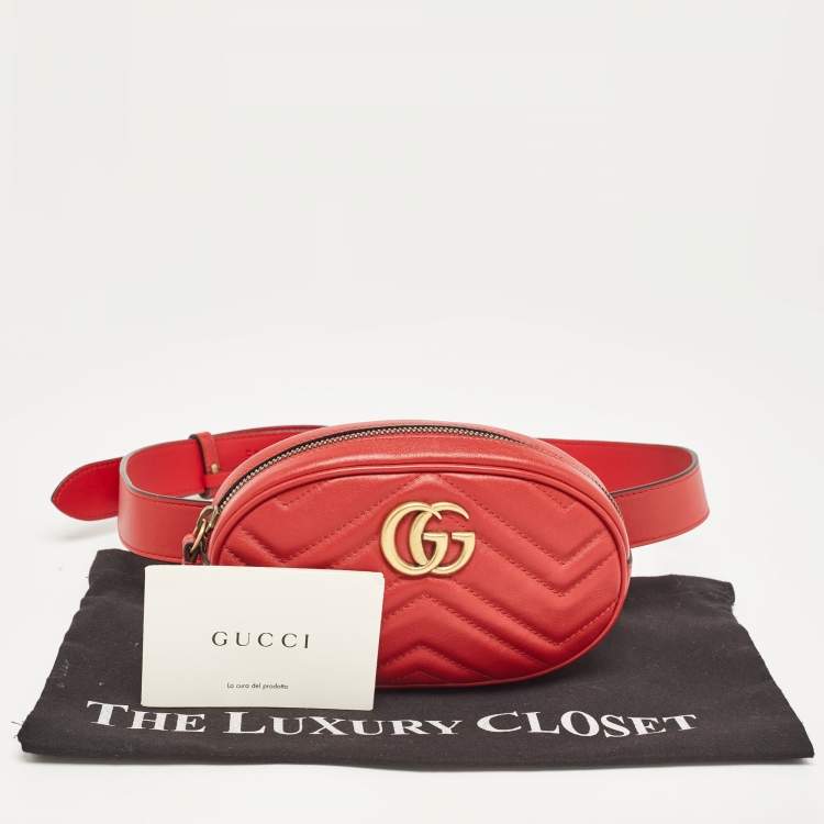 Pre Owned Gucci Red Matelassé Leather GG Marmont Belt Bag