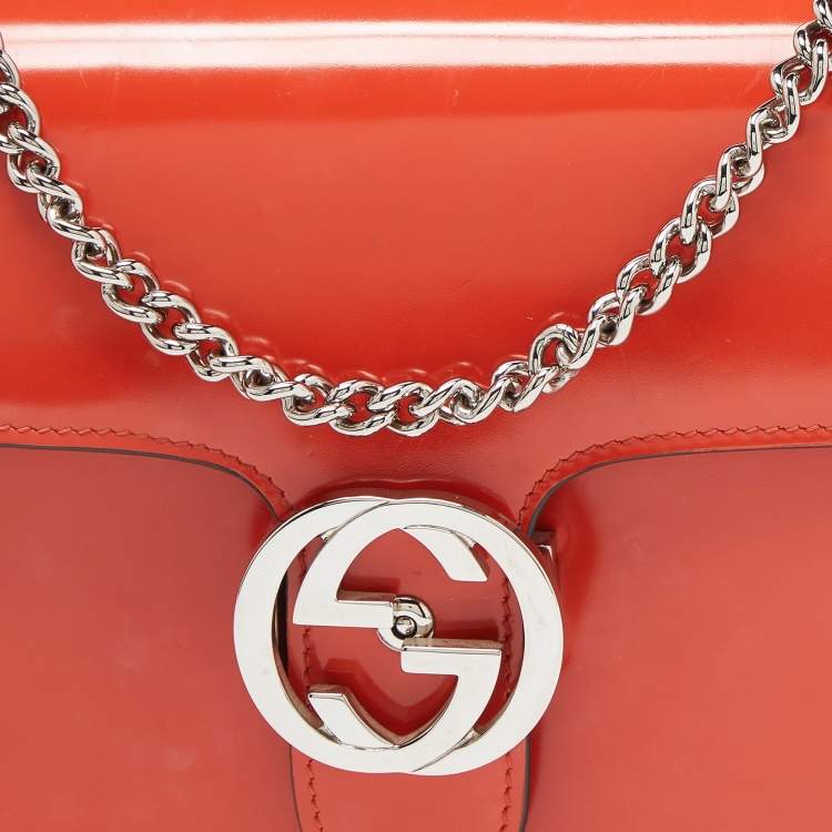 Pre Owned Gucci Orange Patent Leather Small Interlocking G Crossbody Bag