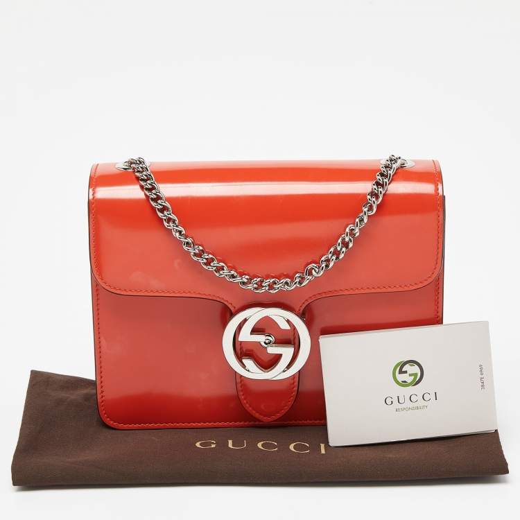 Pre Owned Gucci Orange Patent Leather Small Interlocking G Crossbody Bag