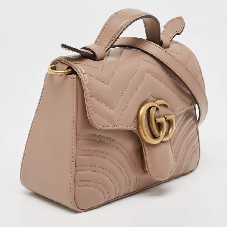 Pre Owned Gucci Beige Matelasse Leather Mini GG Marmont Top Handle Bag