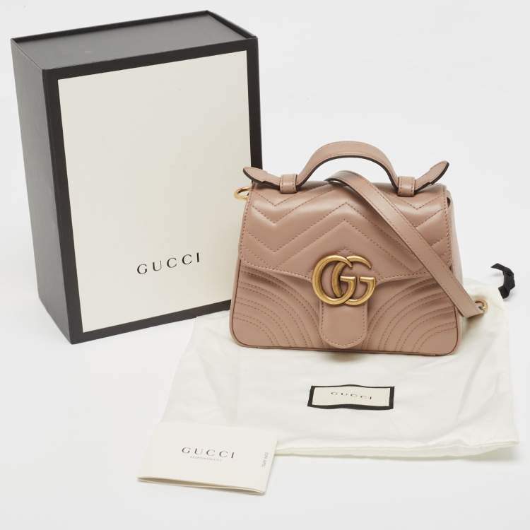 Pre Owned Gucci Beige Matelasse Leather Mini GG Marmont Top Handle Bag