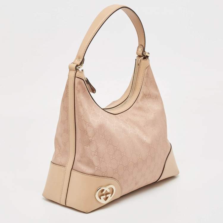 Pre Owned Gucci Beige/Metallic Pink GG Canvas and Leather Medium Lovely Hobo