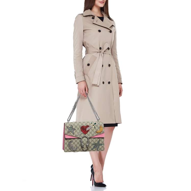 Pre Owned Gucci Beige GG Supreme Canvas and Suede Medium Dionysus Crystal Embellished Shoulder Bag