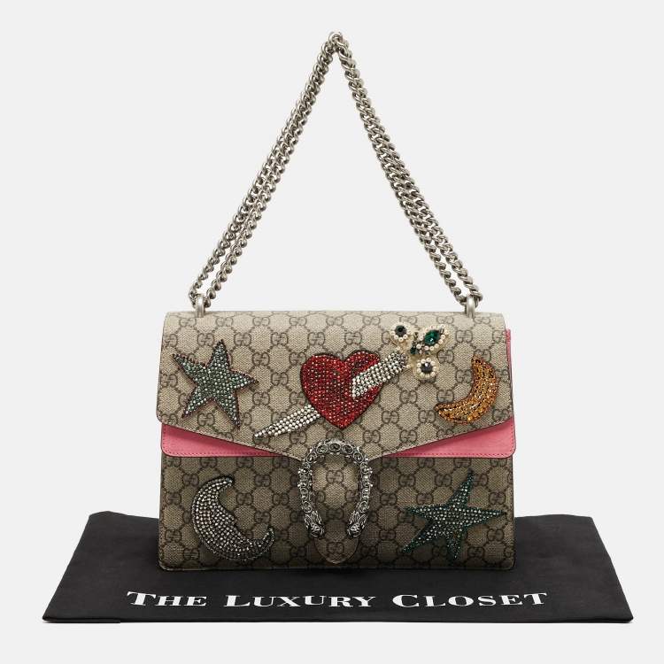 Pre Owned Gucci Beige GG Supreme Canvas and Suede Medium Dionysus Crystal Embellished Shoulder Bag