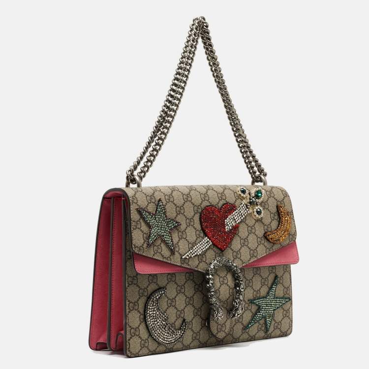 Pre Owned Gucci Beige GG Supreme Canvas and Suede Medium Dionysus Crystal Embellished Shoulder Bag