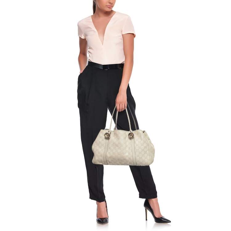 Pre Owned Gucci Beige Guccisima Leather Medium GG Twins Tote