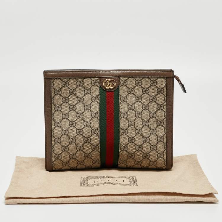 Pre Owned Gucci Brown/Beige GG Supreme and Leather Ophidia Pouch