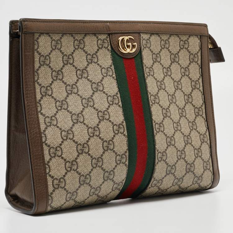 Pre Owned Gucci Brown/Beige GG Supreme and Leather Ophidia Pouch