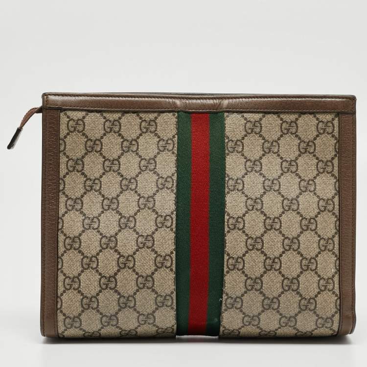 Pre Owned Gucci Brown/Beige GG Supreme and Leather Ophidia Pouch