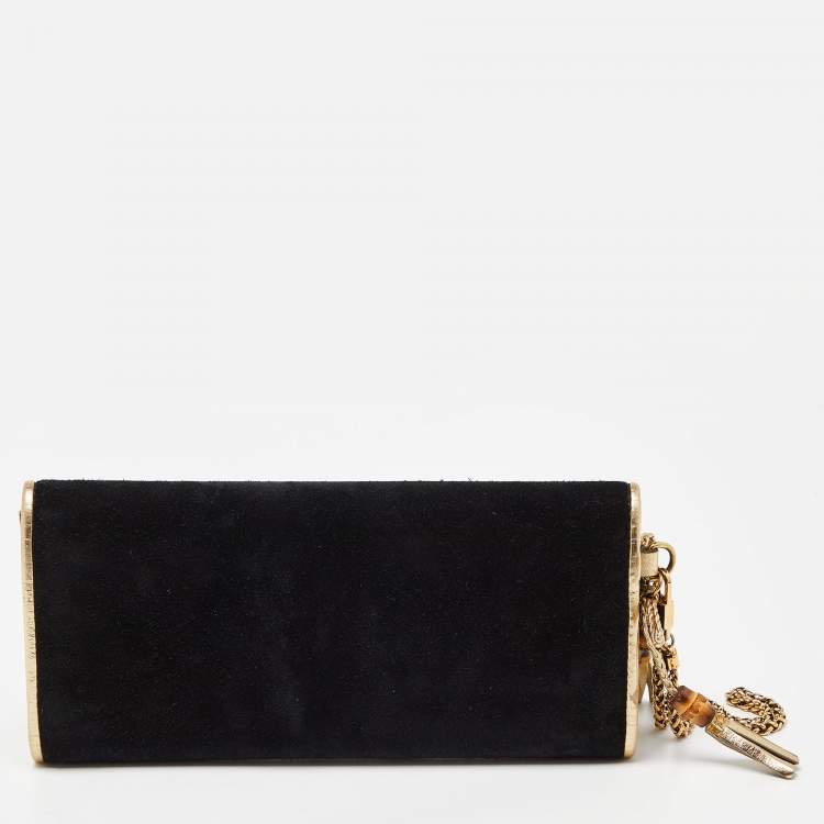 Pre Owned Gucci Black/Gold Suede Bamboo Wristlet Clutch 