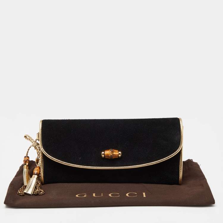 Pre Owned Gucci Black/Gold Suede Bamboo Wristlet Clutch 