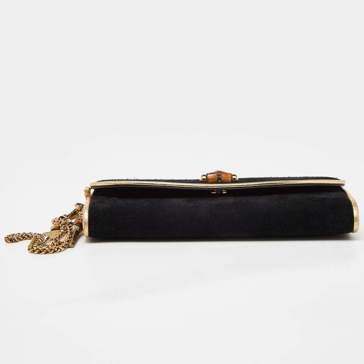 Pre Owned Gucci Black/Gold Suede Bamboo Wristlet Clutch 