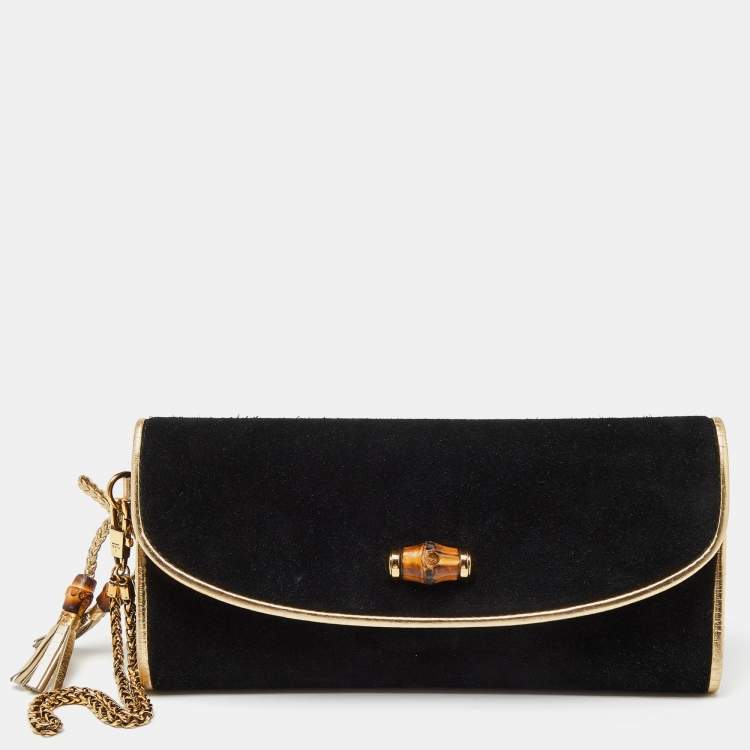 Pre Owned Gucci Black/Gold Suede Bamboo Wristlet Clutch 