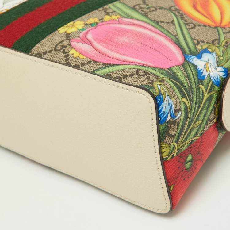 Pre Owned Gucci Off White/Beige Floral GG Supreme Canvas Small Ophidia Shoulder Bag
