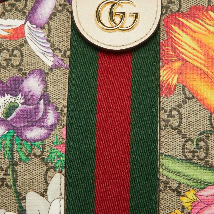 Pre Owned Gucci Off White/Beige Floral GG Supreme Canvas Small Ophidia Shoulder Bag