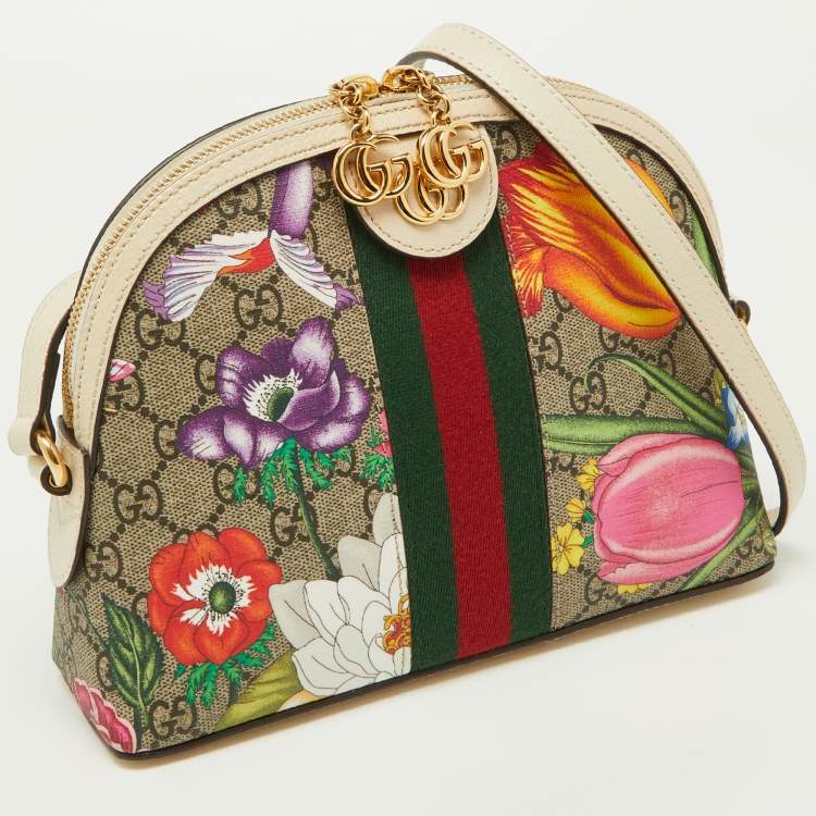 Pre Owned Gucci Off White/Beige Floral GG Supreme Canvas Small Ophidia Shoulder Bag