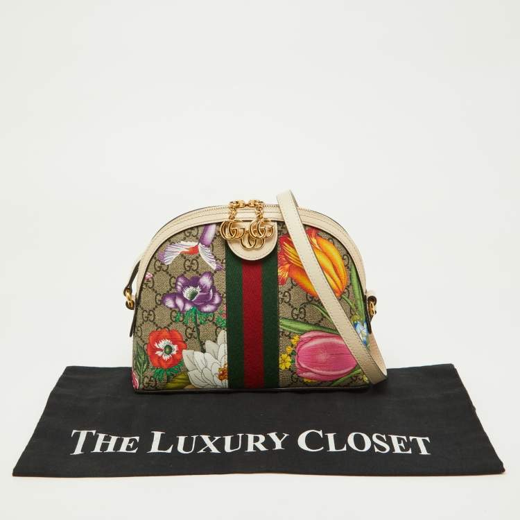 Pre Owned Gucci Off White/Beige Floral GG Supreme Canvas Small Ophidia Shoulder Bag