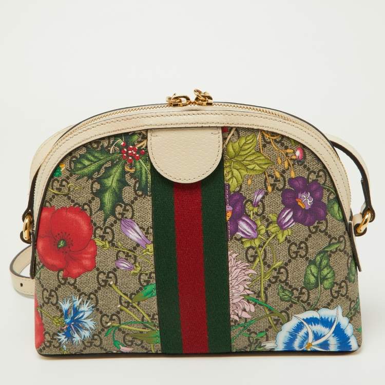Pre Owned Gucci Off White/Beige Floral GG Supreme Canvas Small Ophidia Shoulder Bag