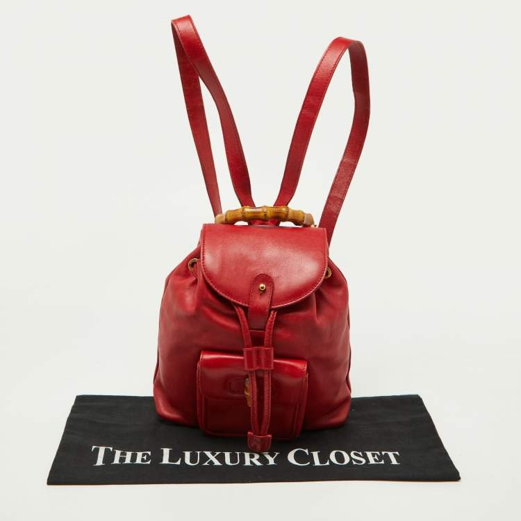 Pre Owned Gucci Red Leather Mini Vintage Bamboo Handle Backpack 