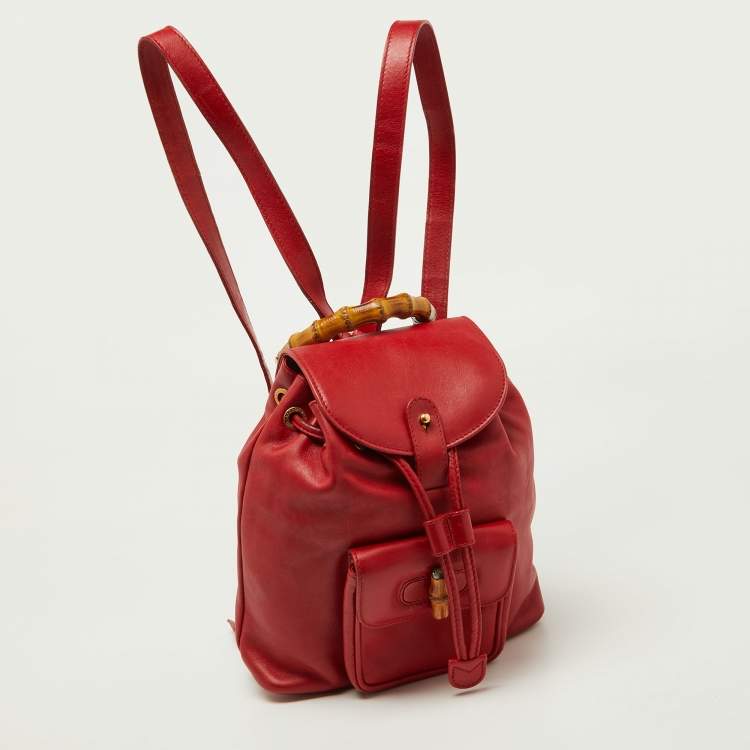 Pre Owned Gucci Red Leather Mini Vintage Bamboo Handle Backpack 