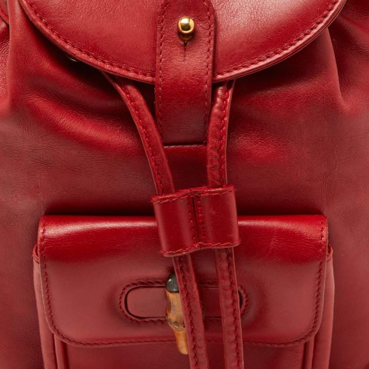 Pre Owned Gucci Red Leather Mini Vintage Bamboo Handle Backpack 