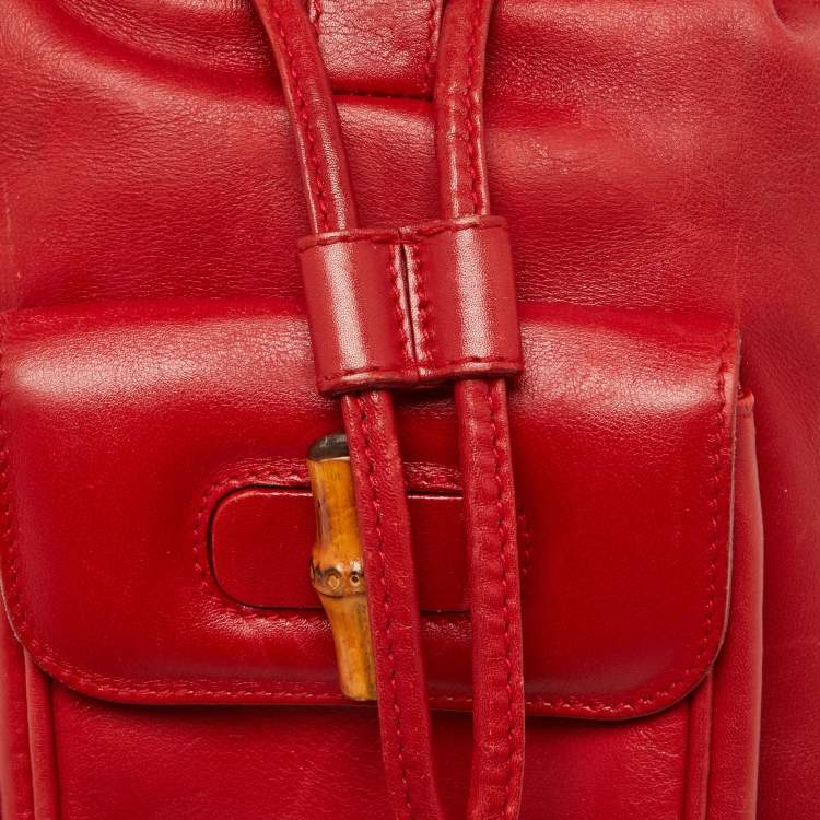 Pre Owned Gucci Red Leather Mini Vintage Bamboo Handle Backpack 