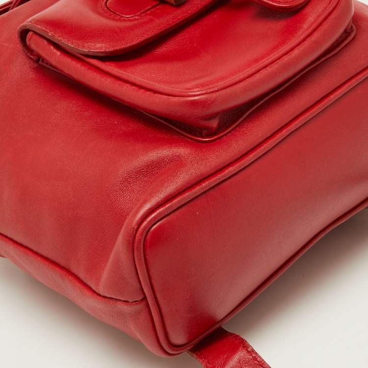 Pre Owned Gucci Red Leather Mini Vintage Bamboo Handle Backpack 