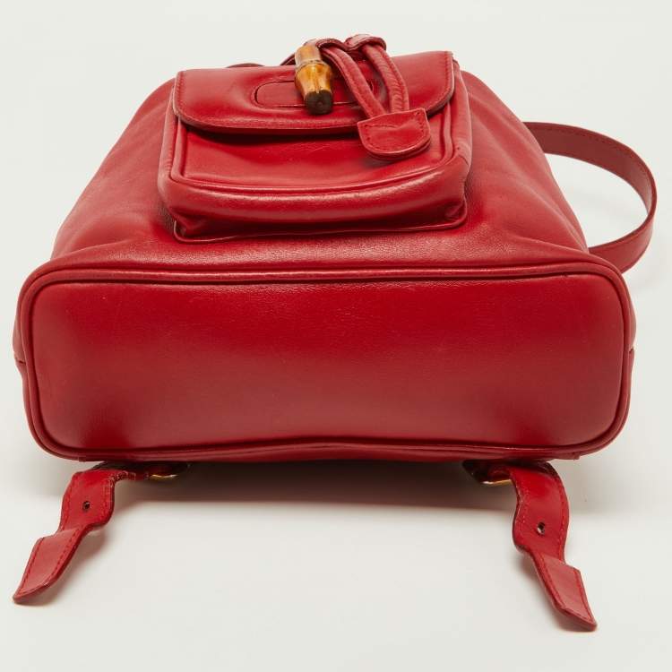 Pre Owned Gucci Red Leather Mini Vintage Bamboo Handle Backpack 