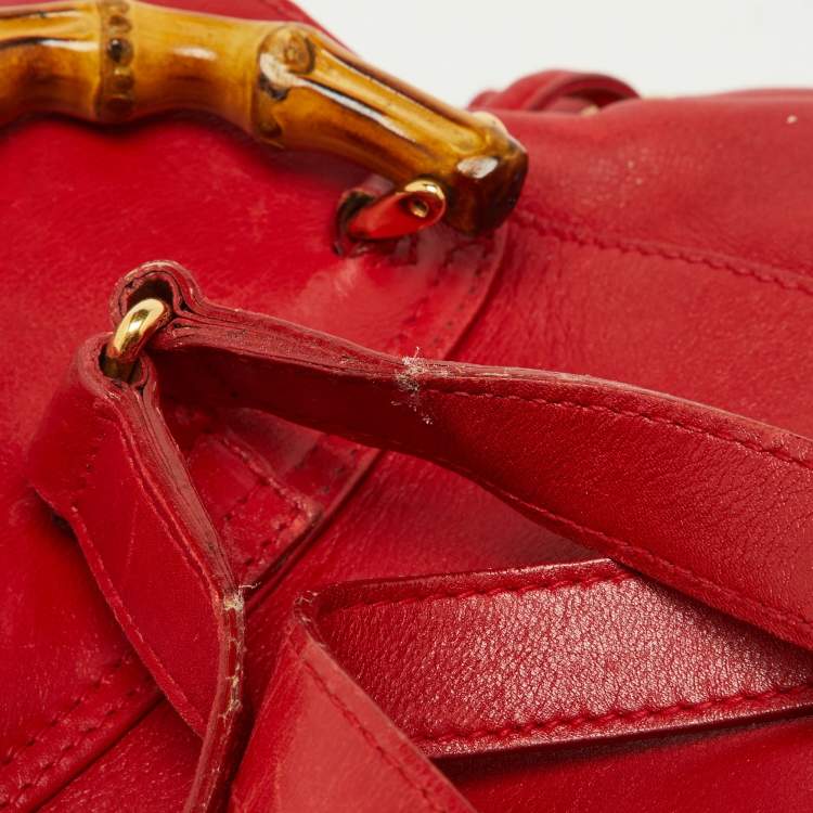Pre Owned Gucci Red Leather Mini Vintage Bamboo Handle Backpack 