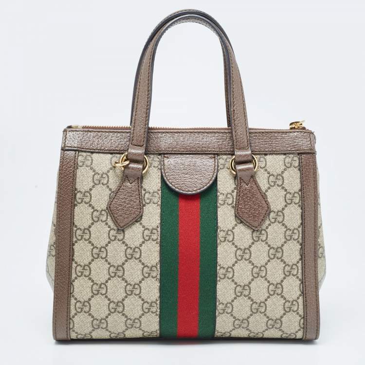 Pre Owned Gucci Beige/Brown GG Supreme Canvas and Leather Small Ophidia Tote