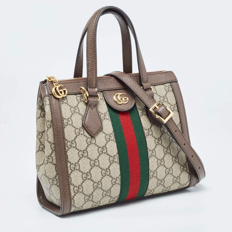 Pre Owned Gucci Beige/Brown GG Supreme Canvas and Leather Small Ophidia Tote