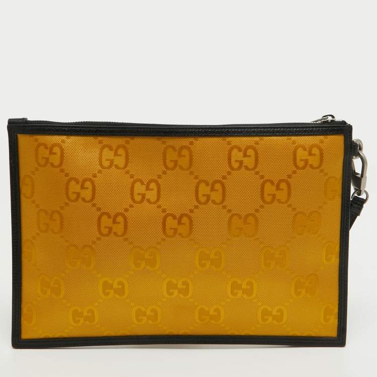 Pre Owned Gucci Mustard/Black GG Nylon and Leather Off The Grid Clutch