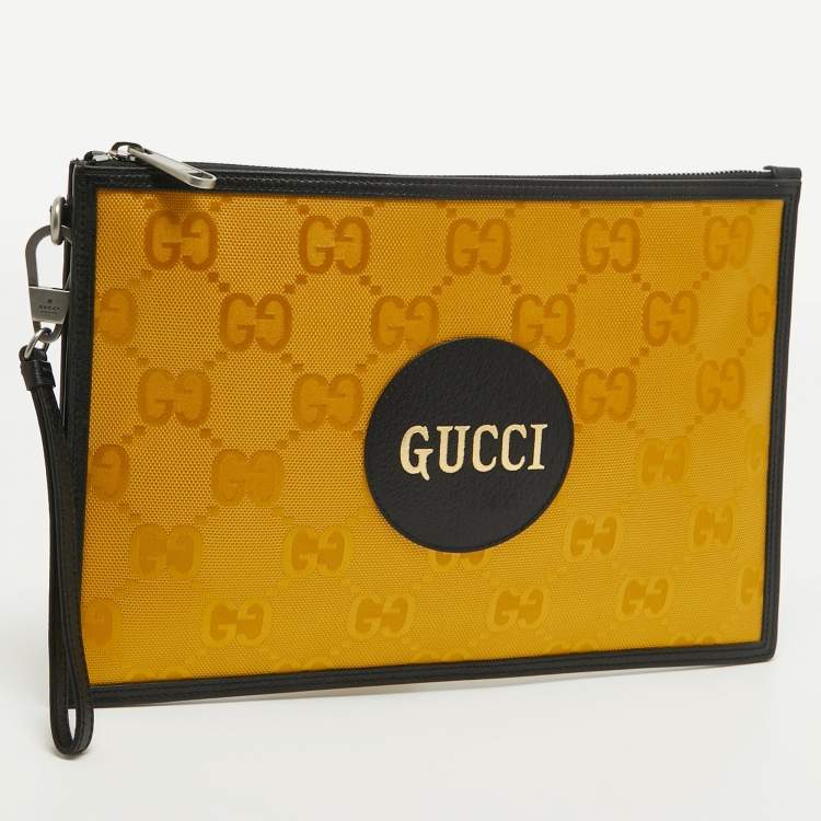 Pre Owned Gucci Mustard/Black GG Nylon and Leather Off The Grid Clutch