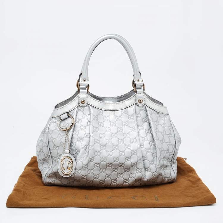 Pre Owned Gucci Silver Guccissima Leather Medium Sukey Tote
