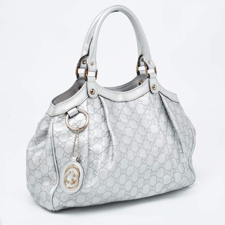 Pre Owned Gucci Silver Guccissima Leather Medium Sukey Tote