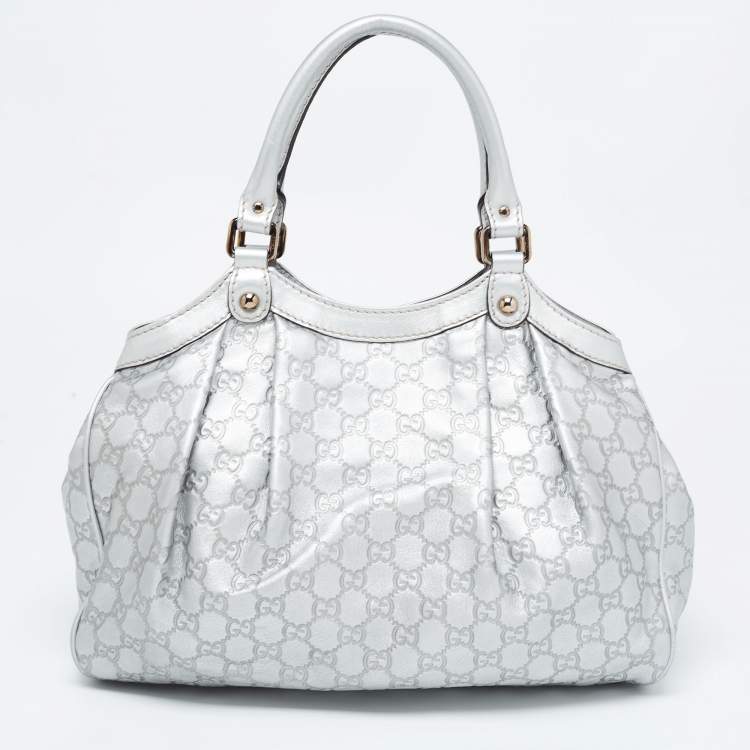 Pre Owned Gucci Silver Guccissima Leather Medium Sukey Tote