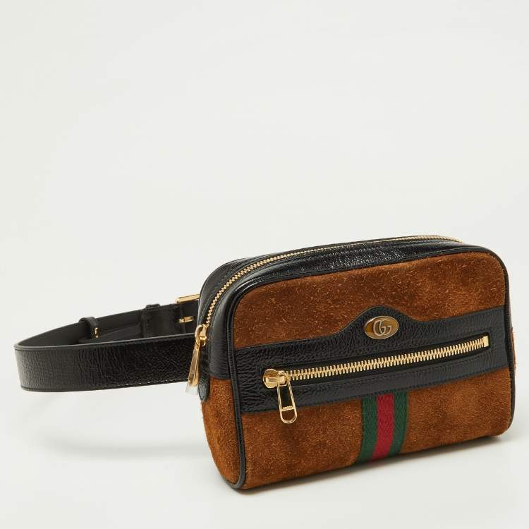 Pre Owned Gucci Brown/Black Suede and Patent Leather Ophidia Belt Bag 
