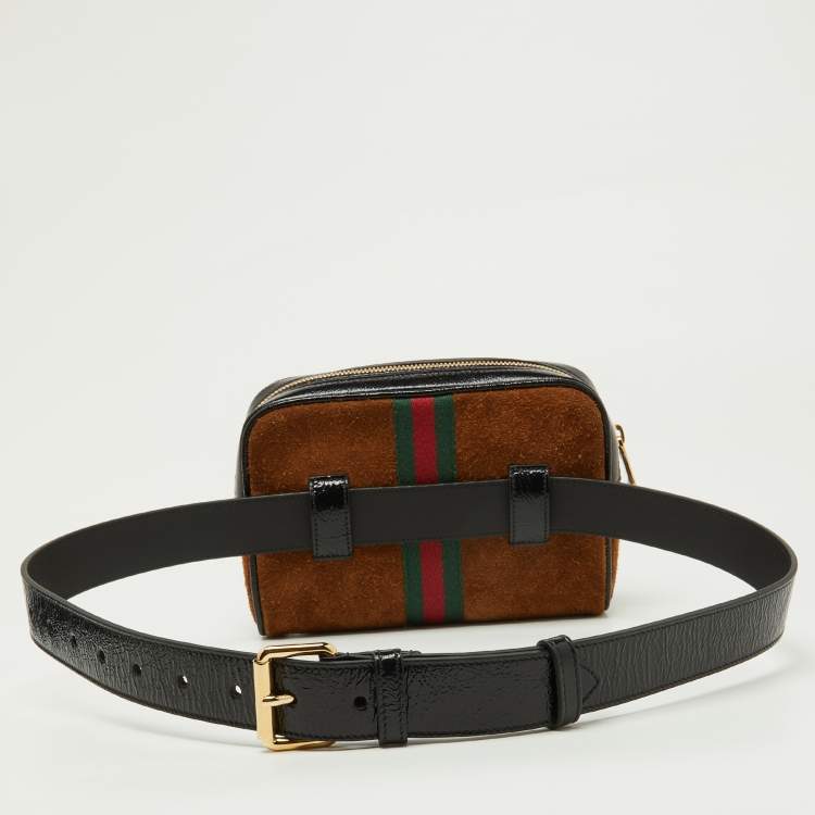 Pre Owned Gucci Brown/Black Suede and Patent Leather Ophidia Belt Bag 