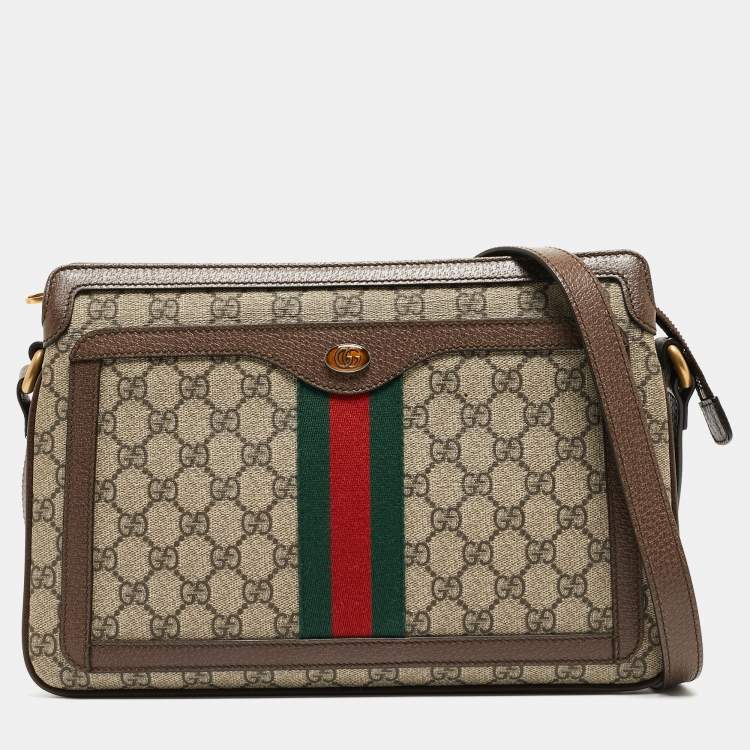 Pre Owned Gucci Beige/Brown GG Supreme Canvas and Leather Medium Ophidia Shoulder Bag  