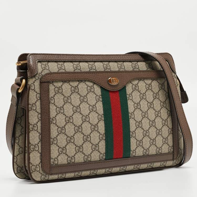 Pre Owned Gucci Beige/Brown GG Supreme Canvas and Leather Medium Ophidia Shoulder Bag  