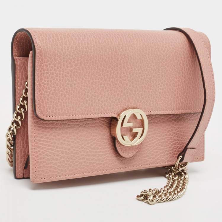 Pre Owned Gucci Dusty Pink Leather Interlocking G Wallet on Chain