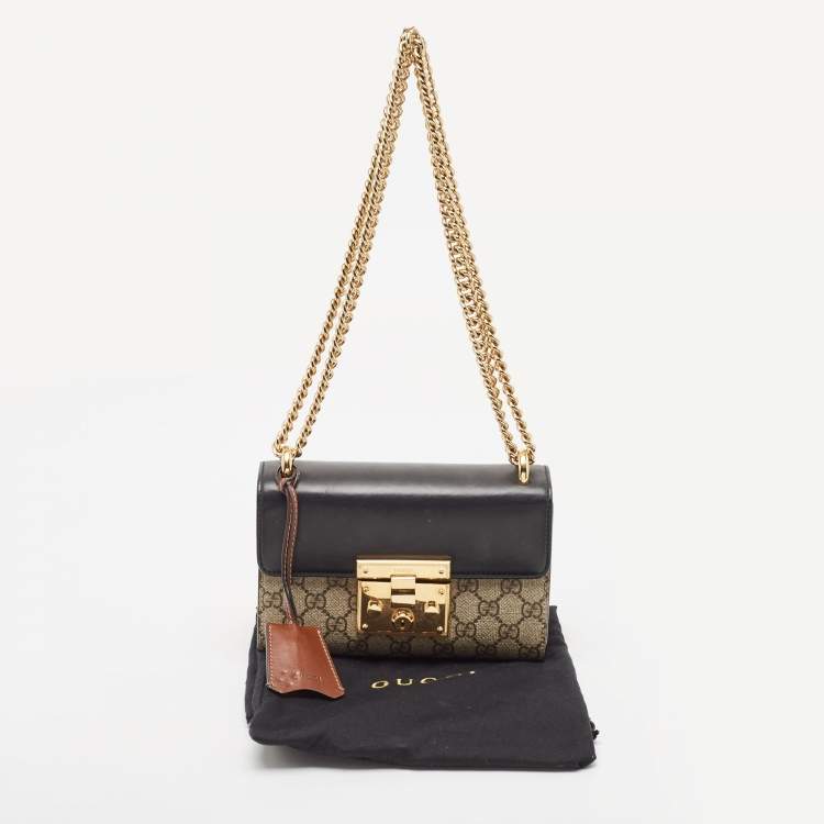 Pre Owned Gucci Black/Beige GG Supreme Canvas and Leather Small Padlock Shoulder Bag