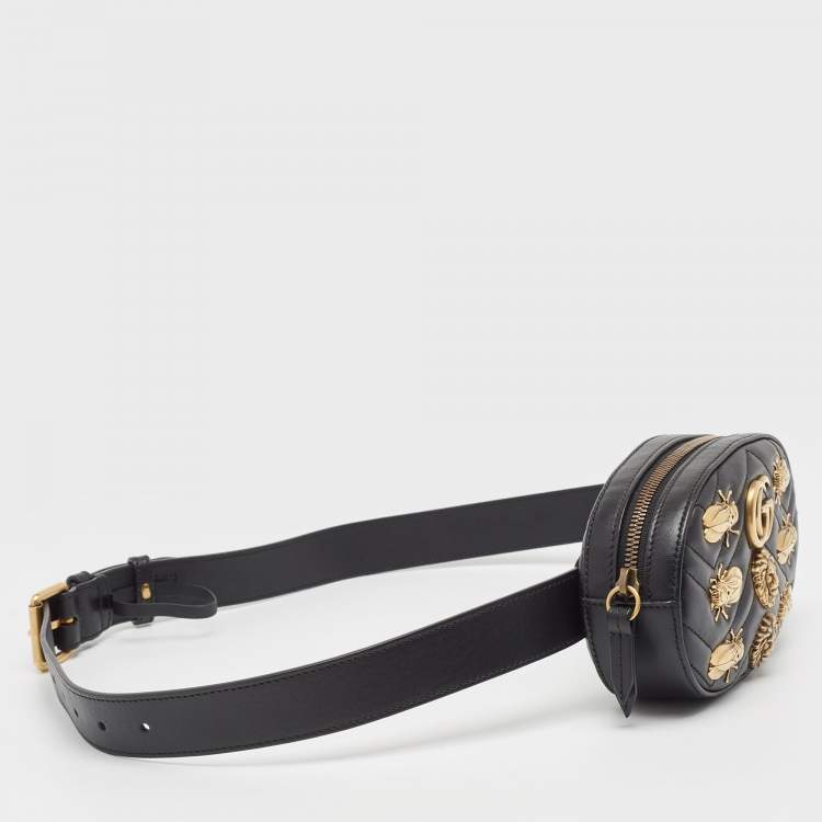 Pre Owned Gucci Black Matelassé Leather GG Marmont Animal Stud Belt Bag