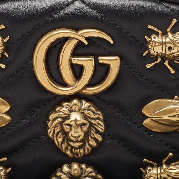 Pre Owned Gucci Black Matelassé Leather GG Marmont Animal Stud Belt Bag