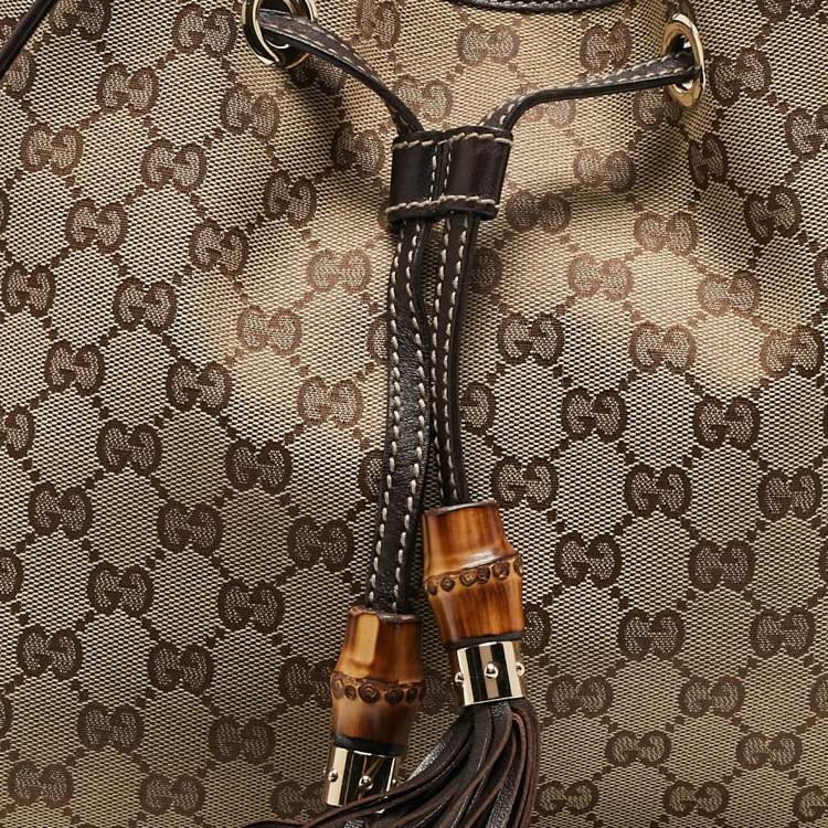 Pre Owned Gucci Dark Brown/Beige GG Canvas and Leather Medium Peggy Shoulder Bag