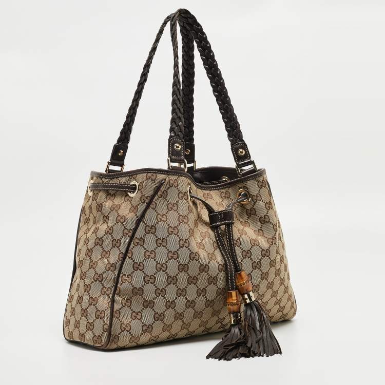 Pre Owned Gucci Dark Brown/Beige GG Canvas and Leather Medium Peggy Shoulder Bag