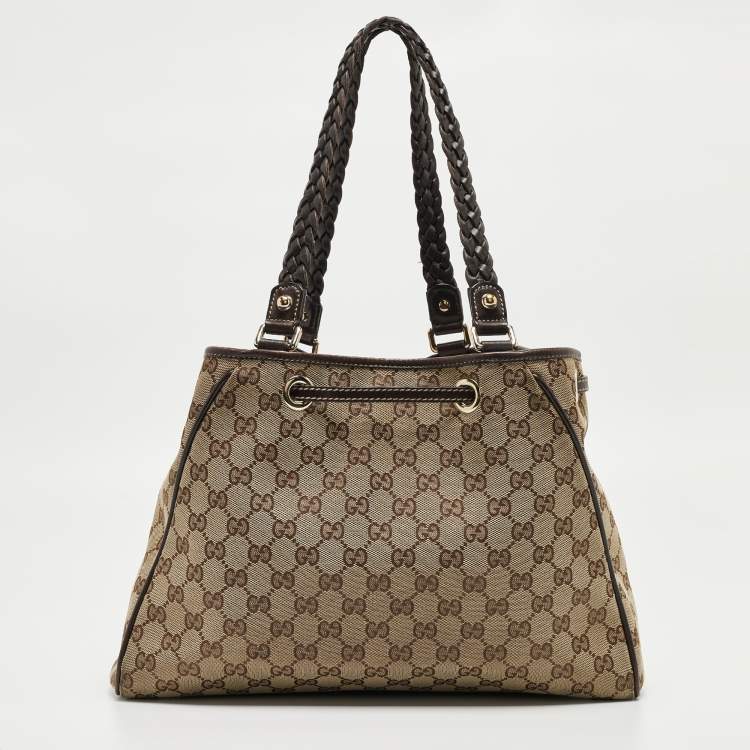Pre Owned Gucci Dark Brown/Beige GG Canvas and Leather Medium Peggy Shoulder Bag