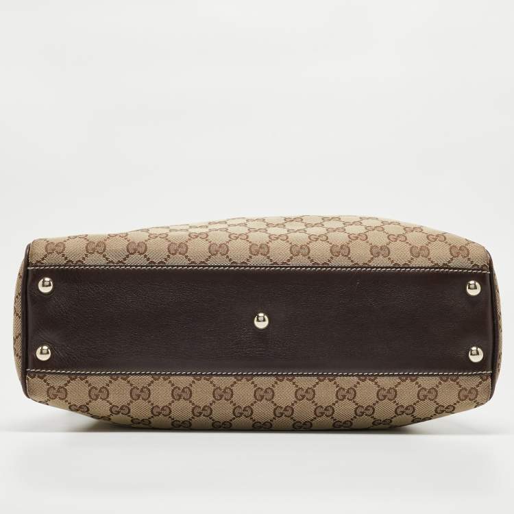 Pre Owned Gucci Dark Brown/Beige GG Canvas and Leather Medium Peggy Shoulder Bag